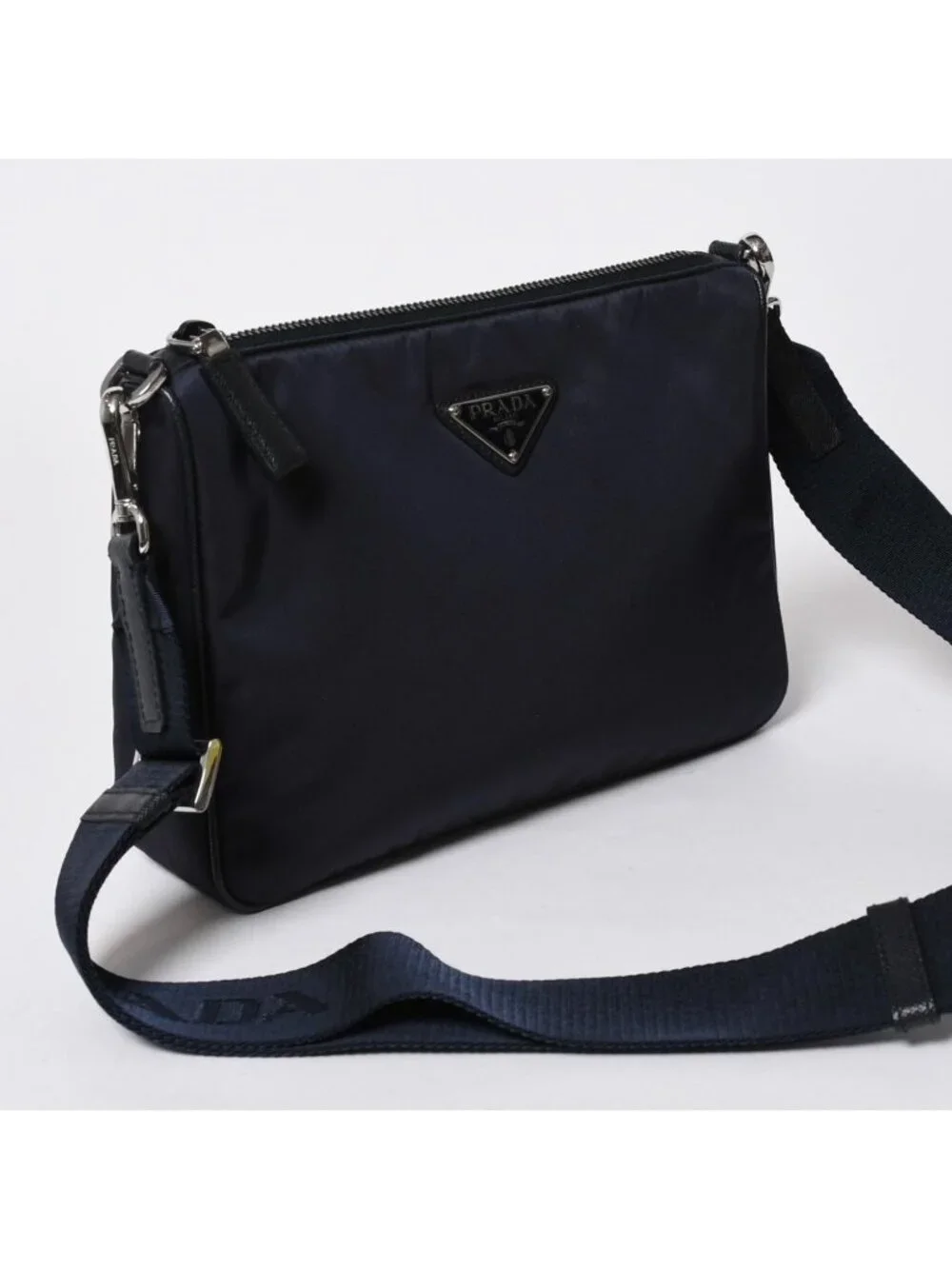 Prada Shoulder Bag Triangle Logo Nylon Leather Navy Silver